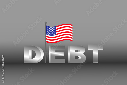 3D Debt word with USA United States Flag. Vector illustration 