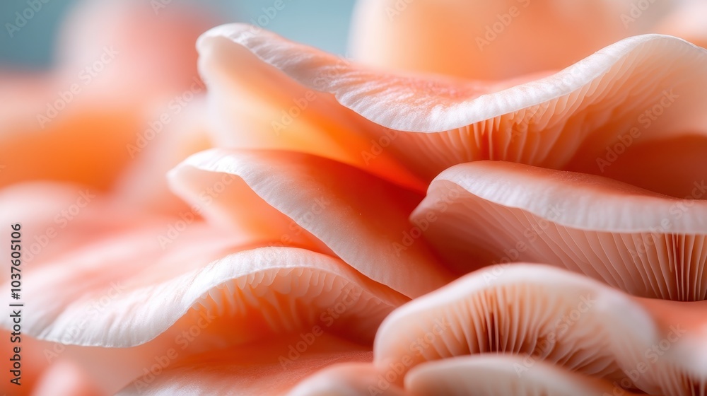The image showcases delicately curved structures of pink mushrooms, emphasizing subtle details and textures that are both captivating and soothing. The image showcases delicately curved structures of pink mushrooms, emphasizing subtle details and textures that are both captivating and soothing.