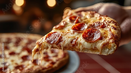 A close-up shot of a mouthwatering pepperoni pizza slice, showcasing gooey melted cheese and a perfectly baked crust, ready to tempt any pizza lover. photo