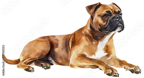 Watercolor pitbull and loyal dog with alert pet animal and strong guard sitting security isolated brown, artistic portrait with bold canine illustration photo