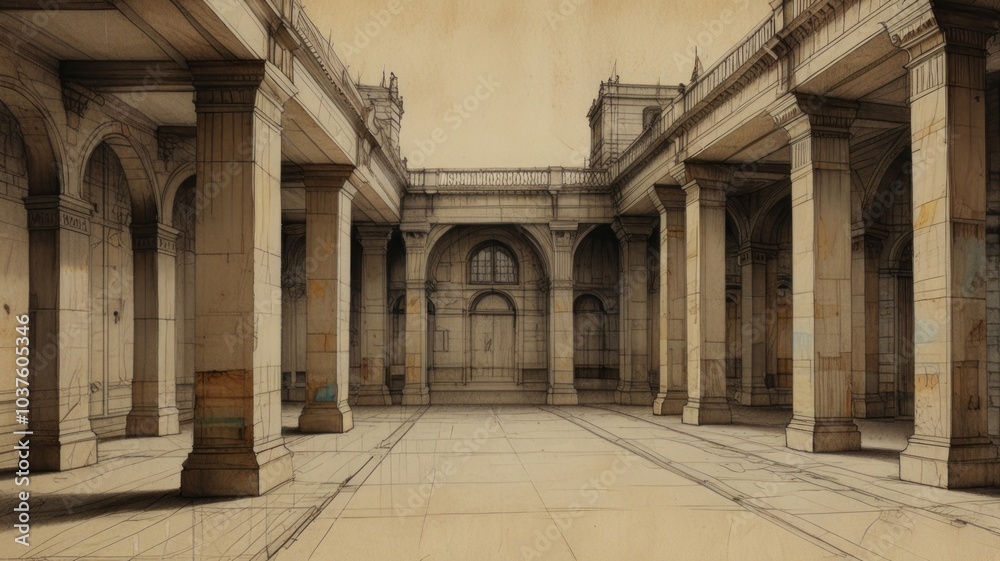 Obraz premium A vintage sketch of a grand, symmetrical, classical courtyard with large columns and arches.
