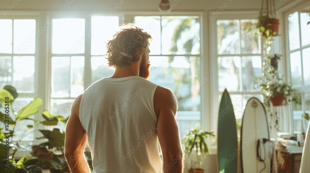 In a bright, sunlit room, a man enjoys a moment of relaxation, surrounded by surfboards and lush green plants, embodying a tranquil and harmonious lifestyle. In a bright, sunlit room, a man enjoys a moment of relaxation, surrounded by surfboards and lush green plants, embodying a tranquil and harmonious lifestyle.