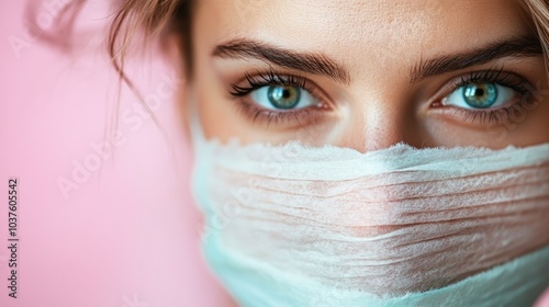 A captivating close-up of a masked face, emphasizing the woman's striking blue eyes, framed by elegant fabric, highlighting her mysterious and intriguing gaze. photo