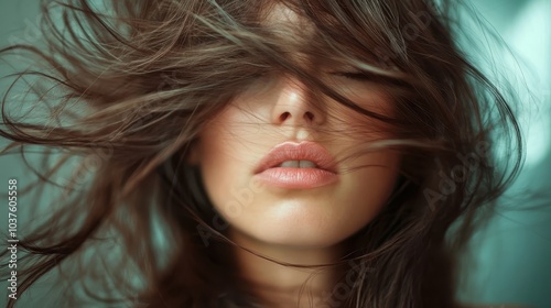 A woman's partially obscured face highlights her sensuous lips framed by swirling hair, evoking a sense of hidden allure, mystery, and captivating artistry.