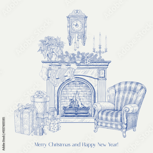 Toile Christmas illustration interior with fireplace and armchair, clock, socks, candles, gifts boxes bows ball fir branches. Blue beige. Hand drawn engraved Vector background for design greeting card