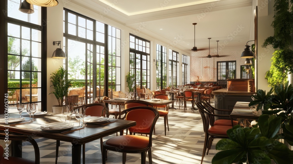 Elegant Dining in Sunlit Restaurant with Chic Interior and Greenery Elegant Dining in Sunlit Restaurant with Chic Interior and Greenery