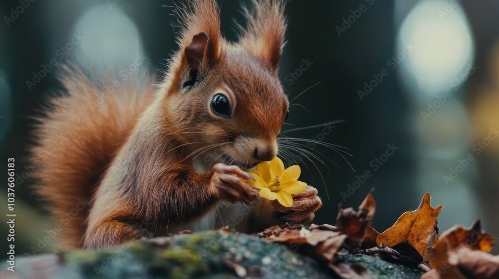 A Curious Squirrel with a Yellow Flower