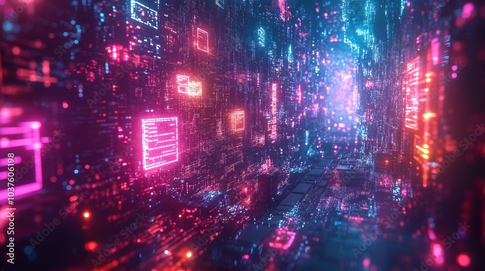 Obraz premium A mesmerizing array of floating geometric shapes illuminated by vibrant neon colors in a digital landscape of pulsating data streams