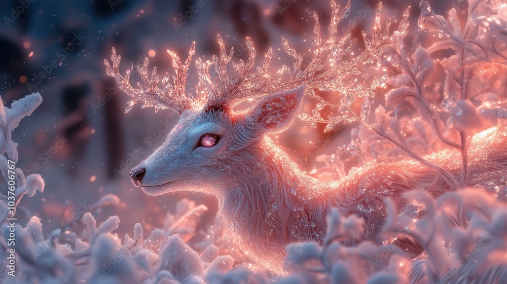 A mystical deer in Art Nouveau style, adorned with shimmering crystals and surrounded by elegant plant motifs, radiates an enchanting glow A mystical deer in Art Nouveau style, adorned with shimmering crystals and surrounded by elegant plant motifs, radiates an enchanting glow