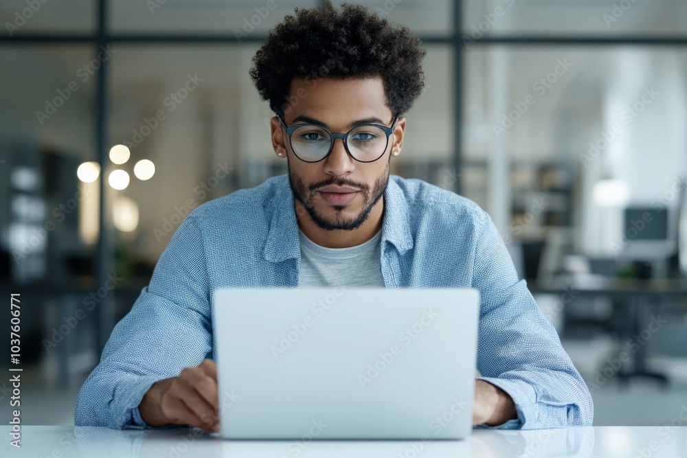 A man wearing glasses works intently on his laptop in a bright modern office space, embodying focus, technology, and dedication in his demeanor. A man wearing glasses works intently on his laptop in a bright modern office space, embodying focus, technology, and dedication in his demeanor.
