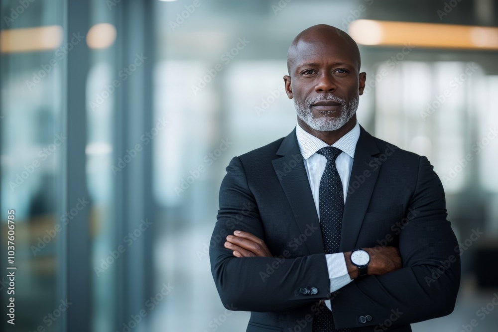 Fototapeta premium A formal businessman in a dark suit and tie stands confidently in a bright office lobby with arms crossed, signifying professionalism and leadership in a corporate setting.
