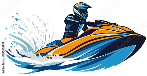 Water scooter and fast jet with bold ski logo and quick isolated icon extreme sport wave, dynamic transport with fresh summer action