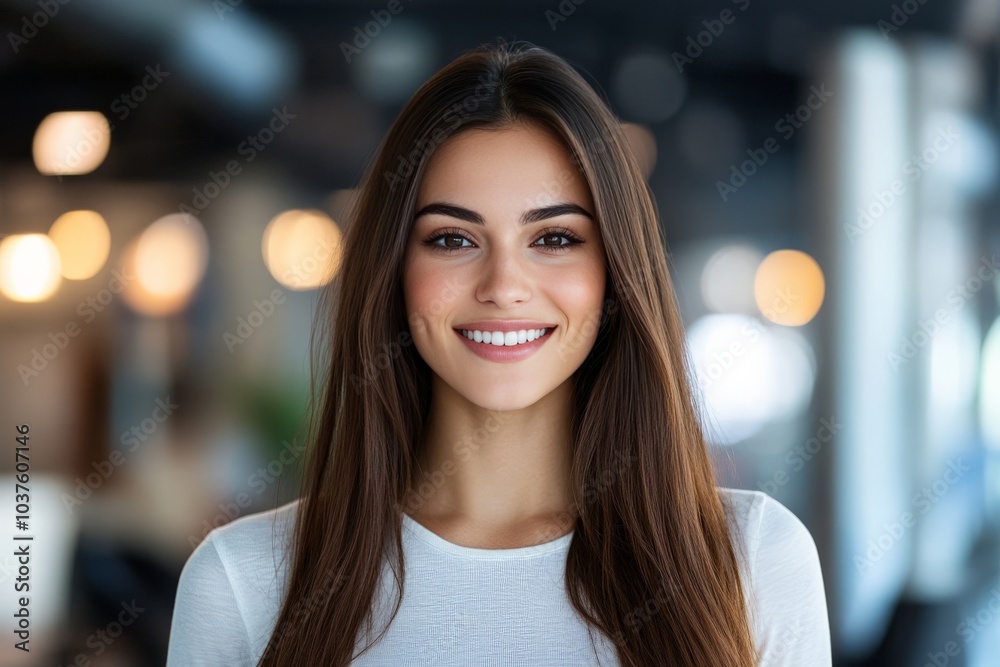 A young woman with long straight hair is smiling brightly indoors, surrounded by modern decor and dim ambient lighting, creating a warm and inviting atmosphere. A young woman with long straight hair is smiling brightly indoors, surrounded by modern decor and dim ambient lighting, creating a warm and inviting atmosphere.