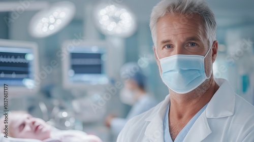 Dedicated doctor in an ICU closely monitoring a critically ill patient on life support during a challenging moment