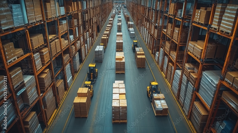 Aerial view of a bustling distribution center with forklifts efficiently transporting goods during peak operational hours Aerial view of a bustling distribution center with forklifts efficiently transporting goods during peak operational hours
