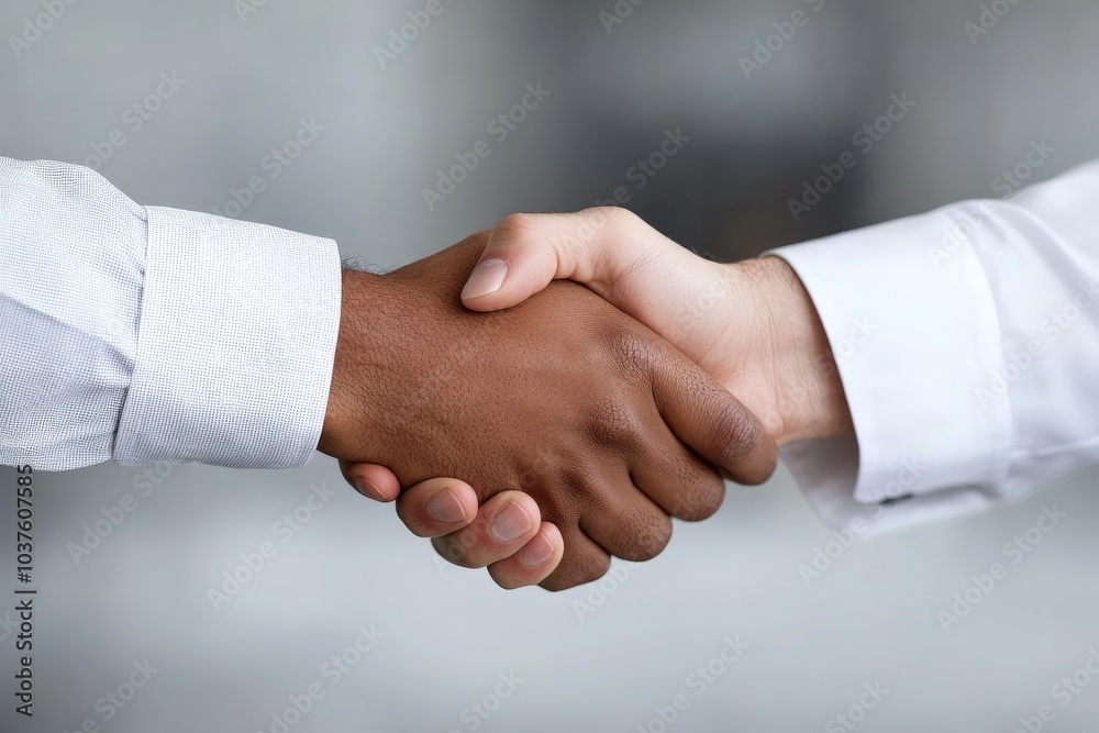 A handshake between two diverse professionals in business attire, exemplifying a deal, inclusivity, and cross-cultural collaboration in a workplace environment. A handshake between two diverse professionals in business attire, exemplifying a deal, inclusivity, and cross-cultural collaboration in a workplace environment.