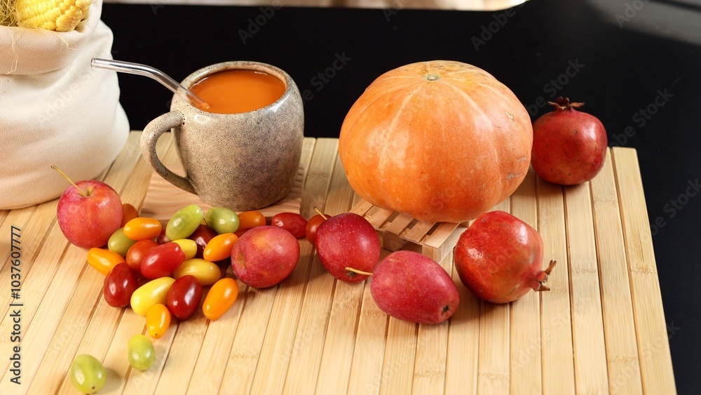 Bright pumpkin beverage inside ceramic mug beside large pumpkin, fruits scattered across bamboo mat, colorful autumn harvest scene showcasing natural produce and rustic textures with cozy aesthetic. Bright pumpkin beverage inside ceramic mug beside large pumpkin, fruits scattered across bamboo mat, colorful autumn harvest scene showcasing natural produce and rustic textures with cozy aesthetic.