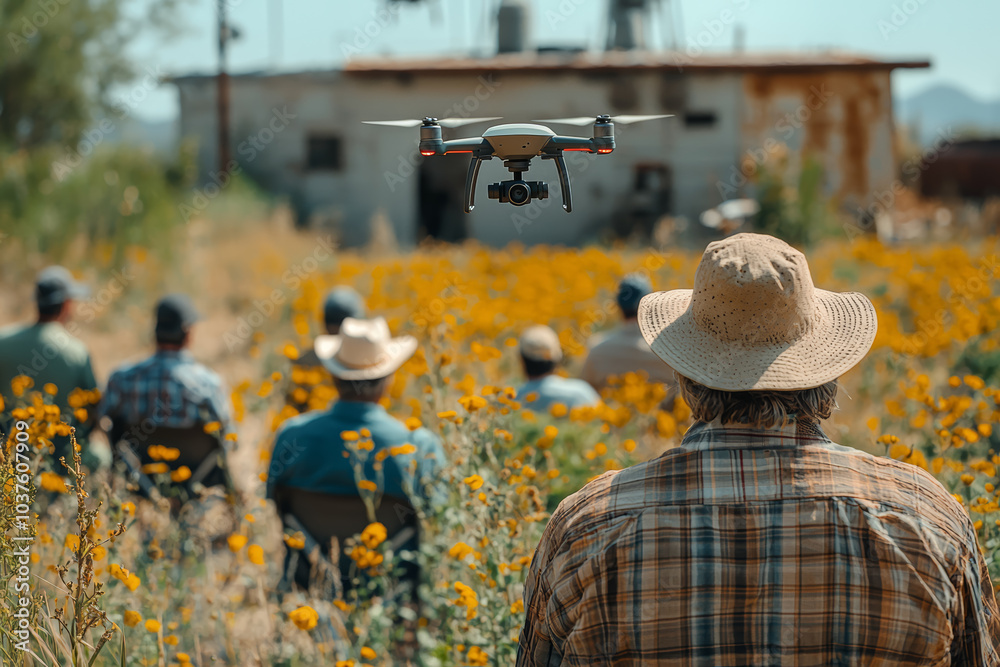 A group of farmers attending a workshop on how to use drones in agriculture, highlighting the growing education around this technology. Concept of education. A group of farmers attending a workshop on how to use drones in agriculture, highlighting the growing education around this technology. Concept of education.