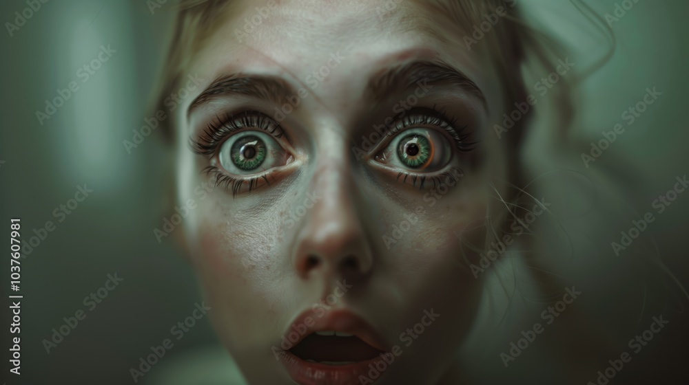 A girl with wide eyes expresses shock and confusion in a dimly lit room, capturing a moment of unexpected revelation A girl with wide eyes expresses shock and confusion in a dimly lit room, capturing a moment of unexpected revelation