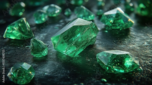 Scattered emeralds glimmer on a dark reflective surface, showcasing exquisite cuts in vibrant green hues photo