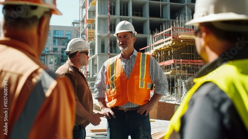 A project manager conducting a safety briefing with construction workers at a busy construction site, Safety briefing scene, Workplace safety style