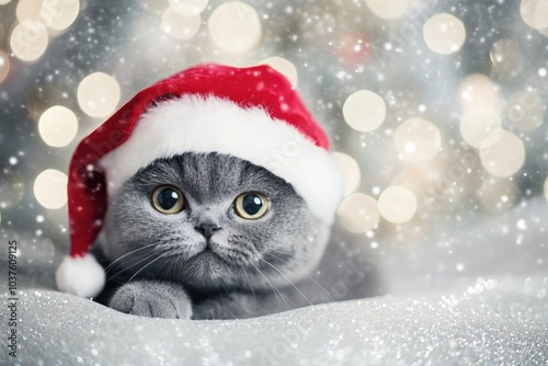 Adorable kitten in a Santa hat during Christmas