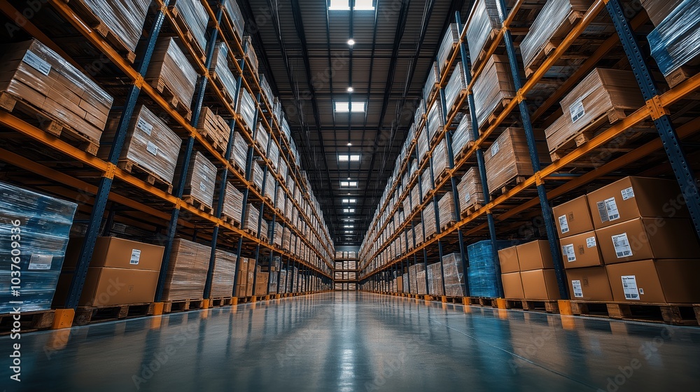 Exploring the vastness of a spacious indoor storage facility filled with organized shelving and neatly stacked packages Exploring the vastness of a spacious indoor storage facility filled with organized shelving and neatly stacked packages