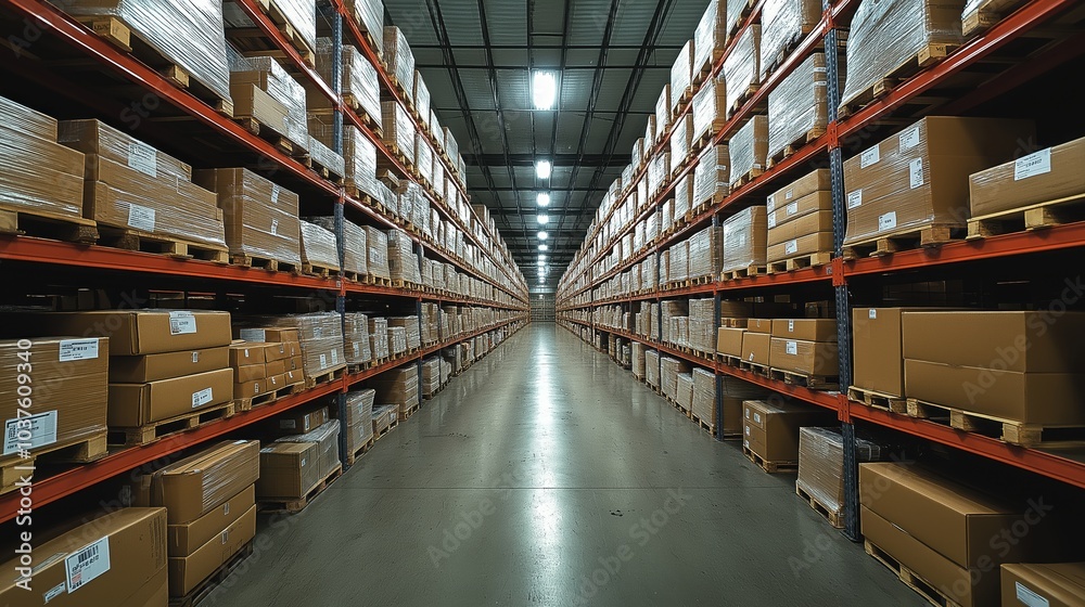 Fototapeta premium A vast storage facility brimming with packages organized on towering shelves for efficient inventory management