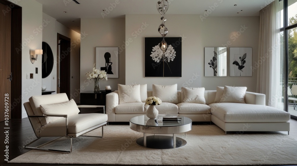 Modern living room with a calm atmosphere bathed in soft natural light. Clean white walls and a plush white sofa create a clean and airy atmosphere. Modern living room with a calm atmosphere bathed in soft natural light. Clean white walls and a plush white sofa create a clean and airy atmosphere.