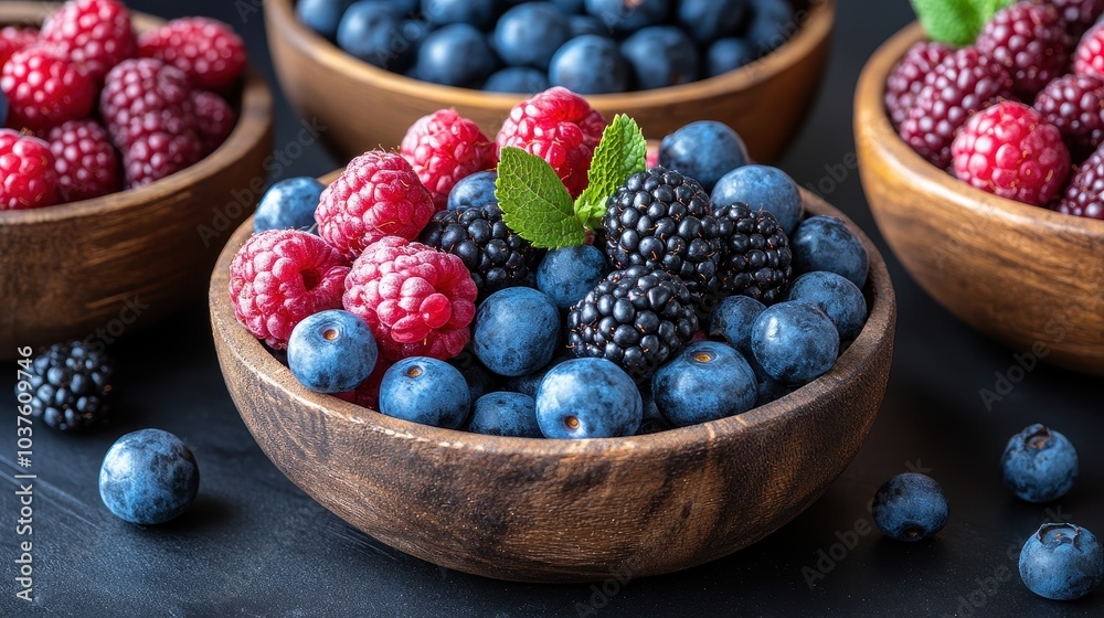 Deliciously vibrant medley of fresh berries in rustic wooden bowls showcasing nature's bounty and rich colors Deliciously vibrant medley of fresh berries in rustic wooden bowls showcasing nature's bounty and rich colors