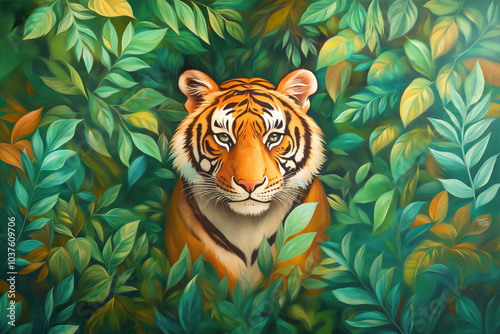 An oil-painted portrait of a tiger in the jungle. A predatory feline animal peeks out of the bushes, looks directly into the camera.