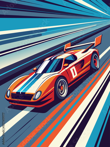 A dynamic illustration of a red race car speeding down a track, capturing the thrill of the race. The car is depicted with a sense of speed and motion.