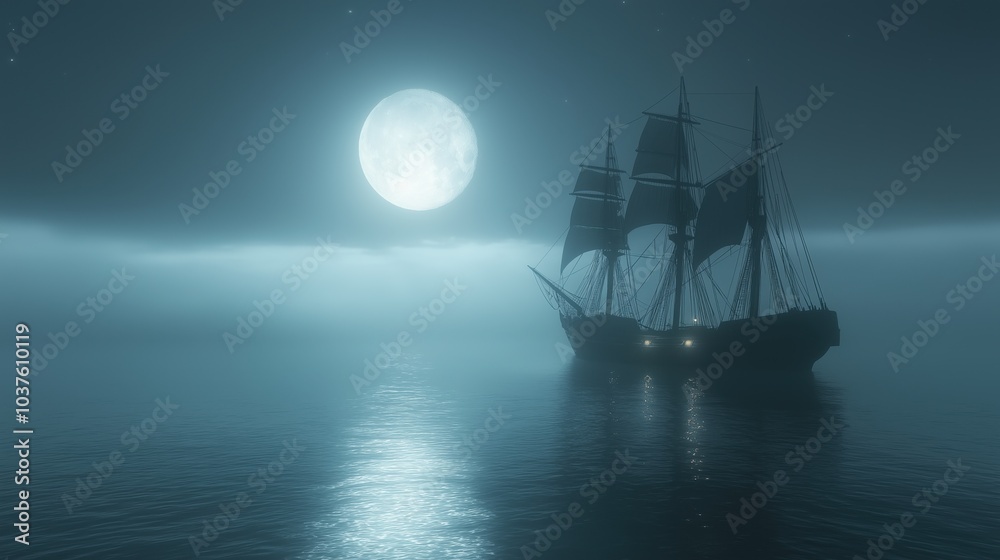 Fototapeta premium A majestic ship glides silently through moonlit fog, lanterns glowing softly as it ventures into the night’s mystery