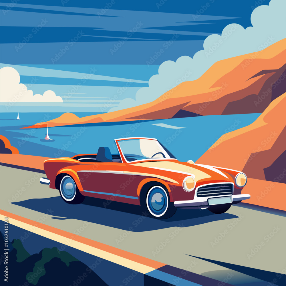 Fototapeta premium A classic red convertible car drives along a scenic coastal road, with the ocean and mountains in the background. The illustration evokes a sense of adventure and freedom, perfect for travel brands.
