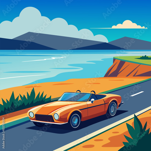 A classic car cruises along a coastal road, with a stunning view of the ocean and mountains. The bright sun and clear blue sky create a perfect summer day atmosphere.