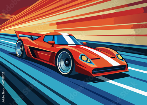 A vibrant, stylized illustration of a red sports car racing down a track, with motion lines adding to the sense of speed and excitement.