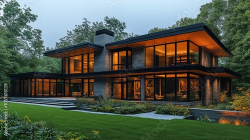 Wooden house in the forest with garden surrounded by trees Modern architecture and summer sky -3