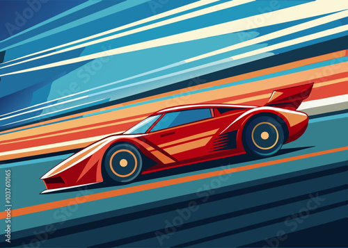 A red sports car speeds through a blurred background of blue and orange stripes, creating a sense of motion and speed. This dynamic illustration is perfect for projects related to racing, or action.