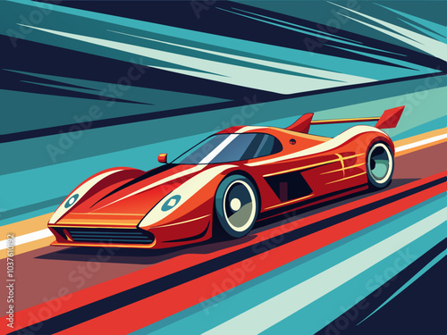 A red sports car speeds down a colorful racetrack, with a dynamic and energetic design. This illustration is perfect for projects related to racing, speed, and adrenaline.