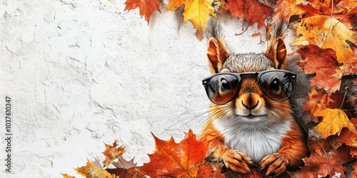 A stylish squirrel wearing sunglasses surrounded by vibrant autumn leaves. This fun and playful image brings a sense of joy and whimsy. Ideal for seasonal themes and animal lovers. AI photo