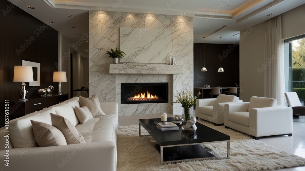 Fototapeta premium Modern living room with a calm atmosphere bathed in soft natural light. Clean white walls and a plush white sofa create a clean and airy atmosphere.