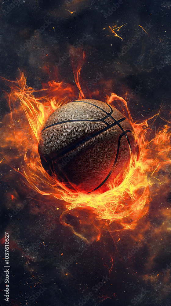 Dynamic basketball ball engulfed in fire during intense sport competition. Match flame intensity creating championship league power display Dynamic basketball ball engulfed in fire during intense sport competition. Match flame intensity creating championship league power display