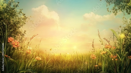 Serene Summer Meadow at Sunrise with Blossoming Flowers and Lush Greenery Under Clear Blue Sky