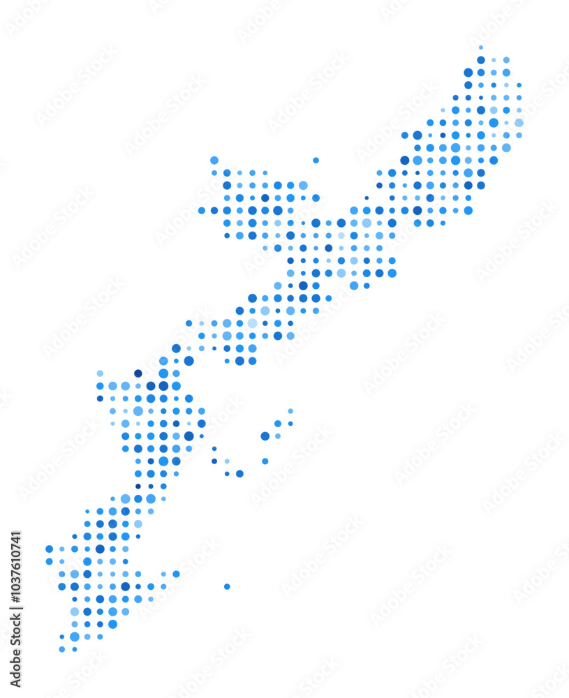 Obraz premium Okinawa Island Dot Map. Island Digital Style Shape. Okinawa Island vector image. Island shape blue circular dots. Beautiful vector illustration.