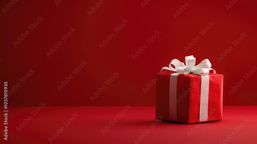 red gift boxes with white ribbon are on the plain red background red gift boxes with white ribbon are on the plain red background