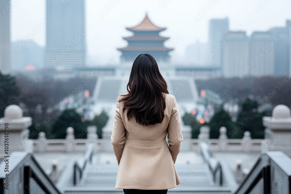A woman in a beige coat stands on a staircase, gazing at a grand architectural landmark framed by a city skyline, conveying a sense of wonder and exploration. A woman in a beige coat stands on a staircase, gazing at a grand architectural landmark framed by a city skyline, conveying a sense of wonder and exploration.
