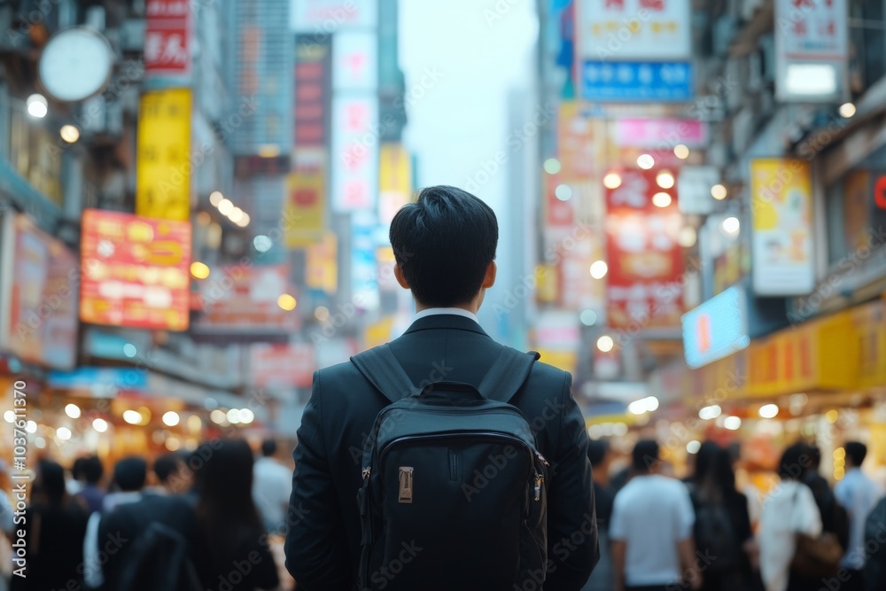 An individual with a backpack facing away, walking through a bustling urban scene. The scene contains brightly lit signs indicating a vibrant city life and movement. An individual with a backpack facing away, walking through a bustling urban scene. The scene contains brightly lit signs indicating a vibrant city life and movement.