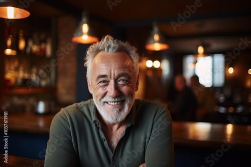 Portrait of happy senior man smiling at the camera in a pub