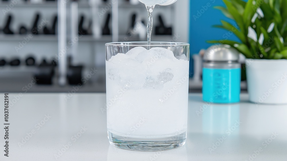 A fitness enthusiast energizes after a workout by mixing vitamin powder into a glass of water in a modern gym setting A fitness enthusiast energizes after a workout by mixing vitamin powder into a glass of water in a modern gym setting