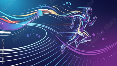 Dynamic abstract illustration of a running silhouette with flowing lines and vibrant colors photo